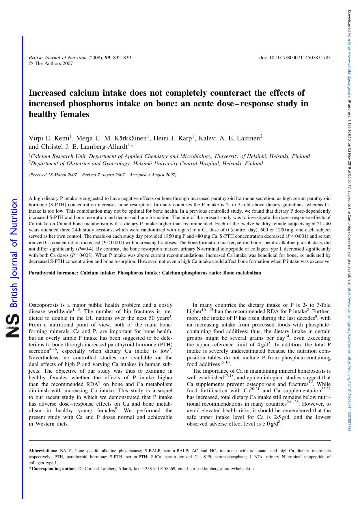Increased calcium intake does not completely counteract the effects of increased phosphorus intake on bone: an acute doseâresponse study in healthy females by unknow