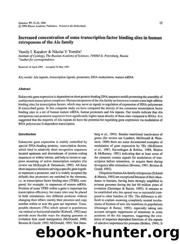 Increased concentration of some transcription factor binding sites in human retroposons of the <Emphasis Type="Italic">Alu<Emphasis> family by Unknown