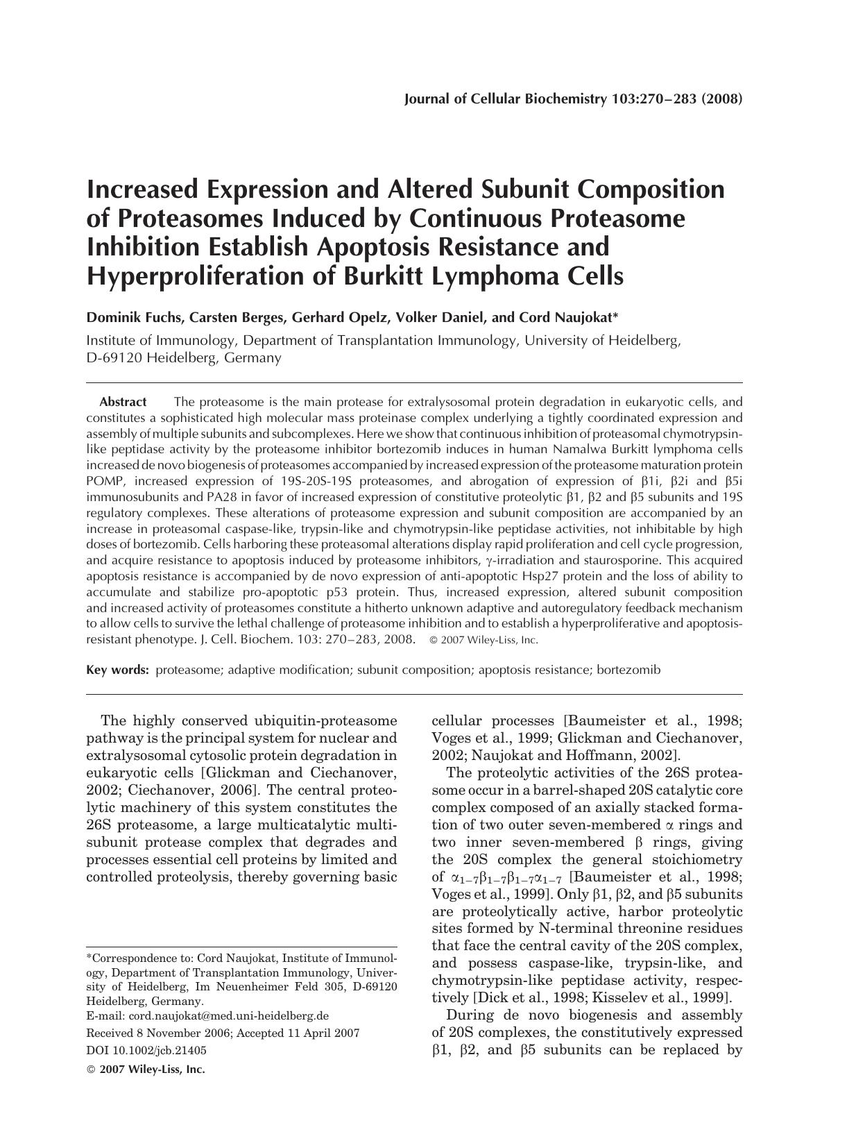Increased expression and altered subunit composition of proteasomes induced by continuous proteasome inhibition establish apoptosis resistance and hyperproliferation of Burkitt lymphoma cells by Unknown