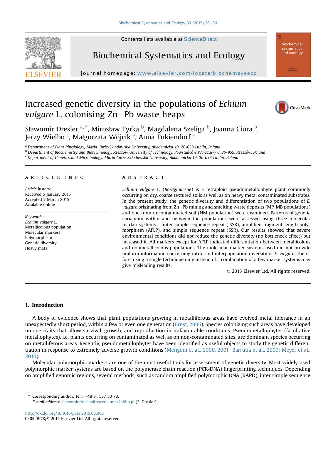 Increased genetic diversity in the populations of Echium vulgare L. colonising Zn-Pb waste heaps by unknow