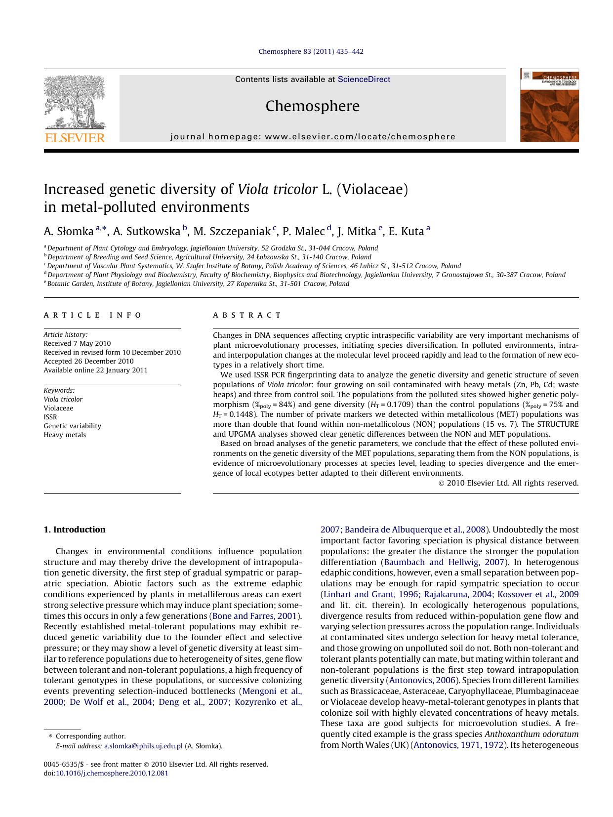 Increased genetic diversity of Viola tricolor L. (Violaceae) in metal-polluted environments by A. SÅ‚omka & A. Sutkowska & M. Szczepaniak & P. Malec & J. Mitka & E. Kuta