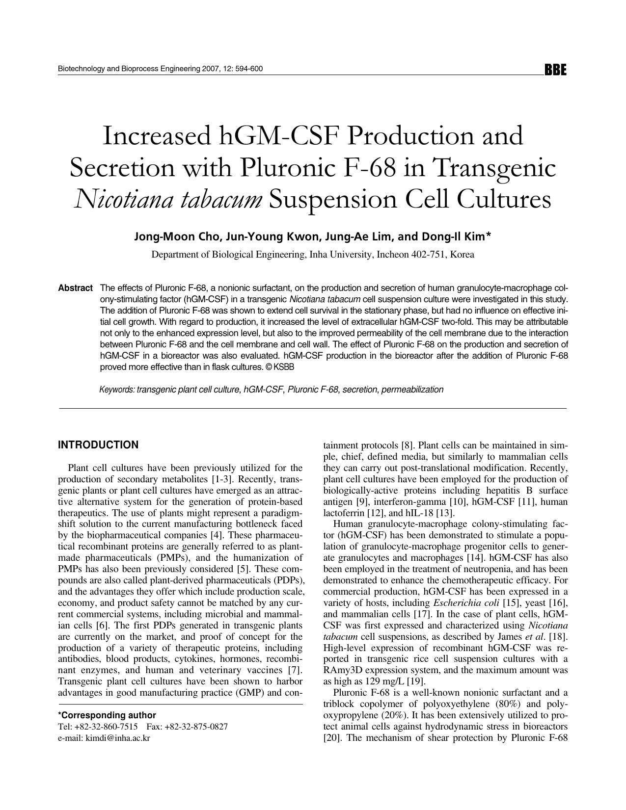 Increased hGM-CSF production and secretion with Pluronic F-68 in transgenic <Emphasis Type="Italic">Nicotiana tabacum <Emphasis> suspension cell cultures by Unknown