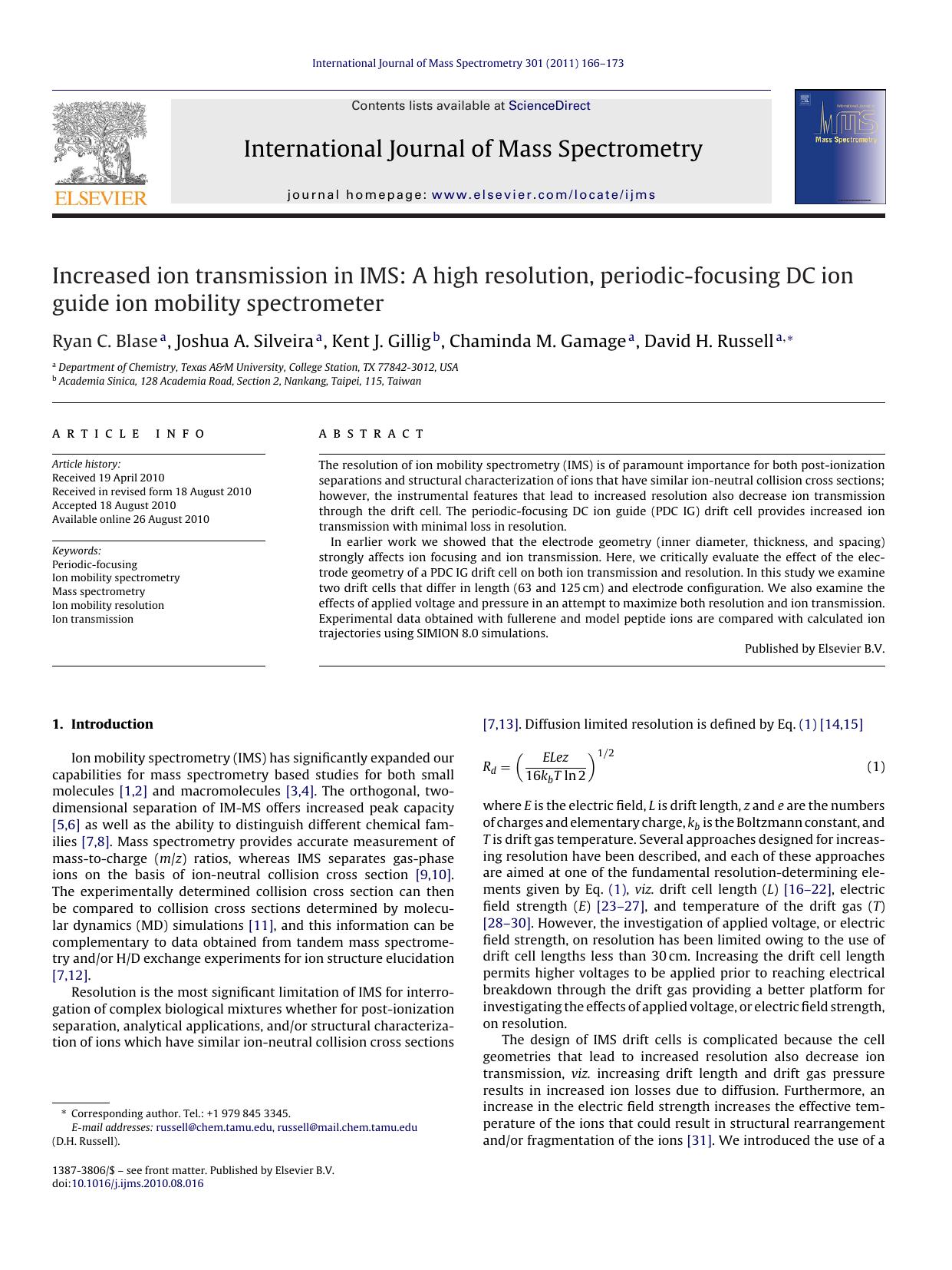 Increased ion transmission in IMS: A high resolution, periodic-focusing DC ion guide ion mobility spectrometer by Ryan C. Blase