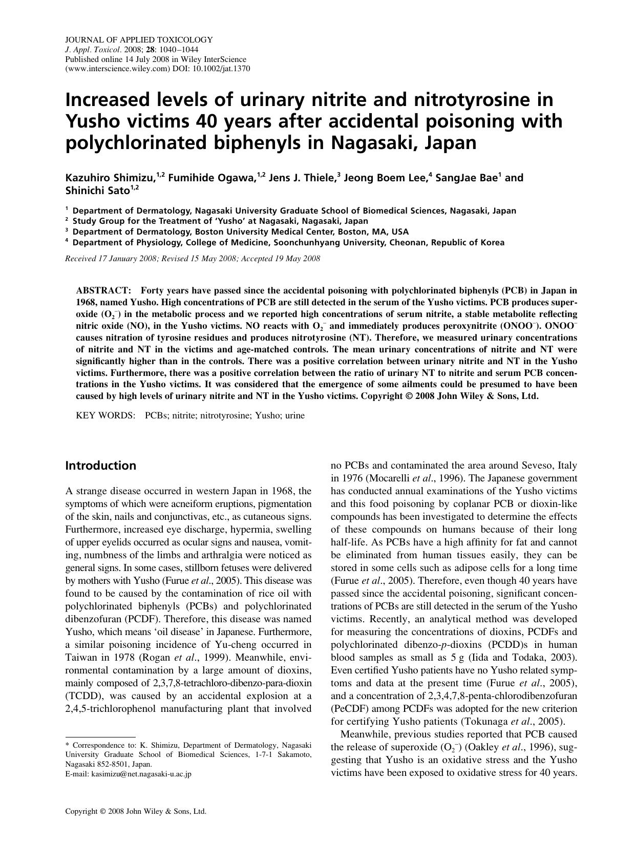 Increased levels of urinary nitrite and nitrotyrosine in Yusho victims 40 years after accidental poisoning with polychlorinated biphenyls in Nagasaki, Japan by JN08