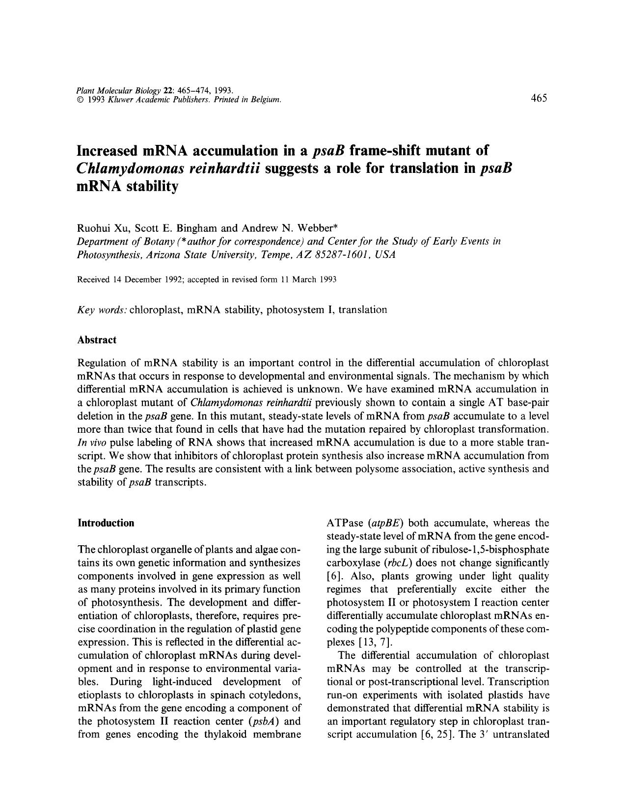 Increased mRNA accumulation in a <Emphasis Type="Italic">psaB<Emphasis> frame-shift mutant of <Emphasis Type="Italic">Chlamydomonas reinhardtii<Emphasis> suggests a role for transl by Unknown