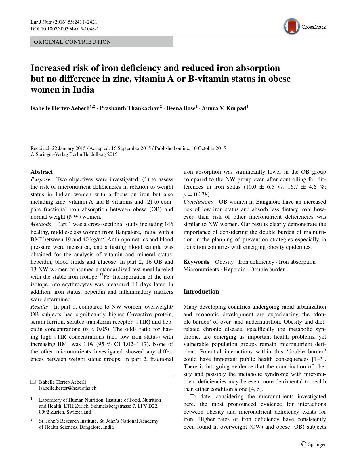 Increased risk of iron deficiency and reduced iron absorption but no difference in zinc, vitamin A or B-vitamin status in obese women in India by Isabelle Herter-Aeberli & Prashanth Thankachan & Beena Bose & Anura V. Kurpad