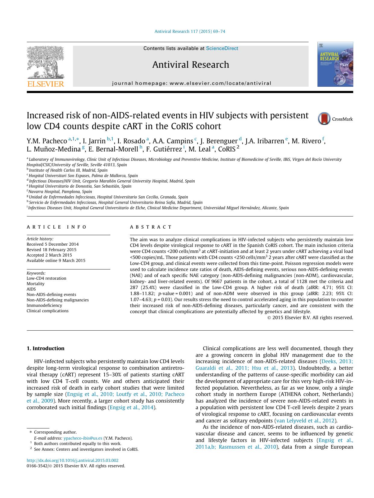 Increased risk of non-AIDS-related events in HIV subjects with persistent low CD4 counts despite cART in the CoRIS cohort by unknow