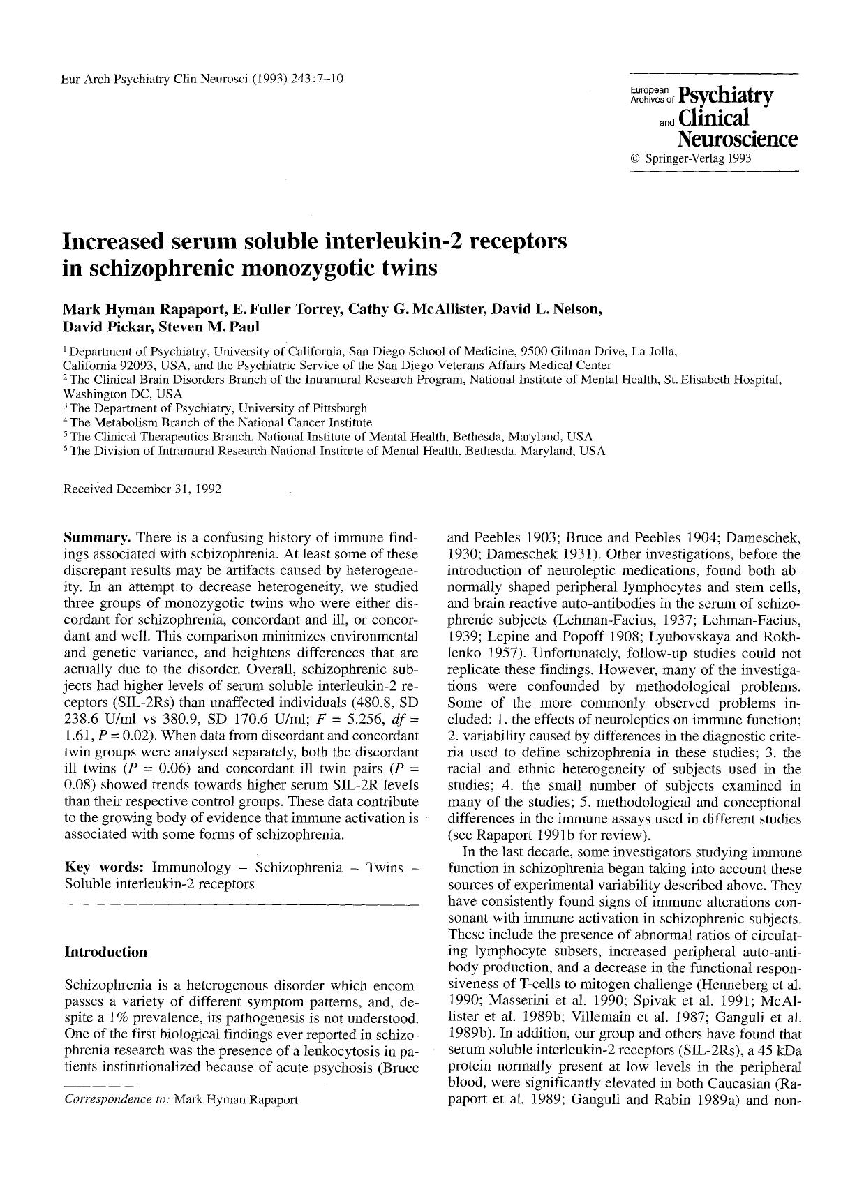 Increased serum soluble interleukin-2 receptors in schizophrenic monozygotic twins by Unknown