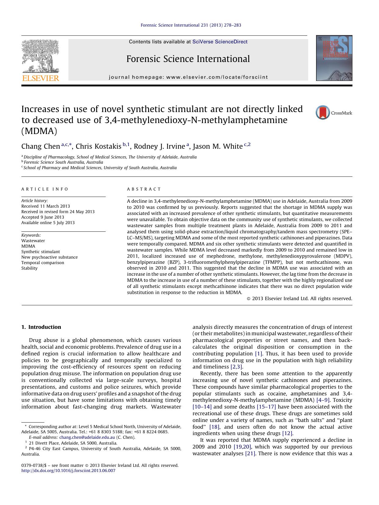 Increases in use of novel synthetic stimulant are not directly linked to decreased use of 3,4-methylenedioxy-N-methylamphetamine (MDMA) by Chang Chen & Chris Kostakis & Rodney J. Irvine & Jason M. White