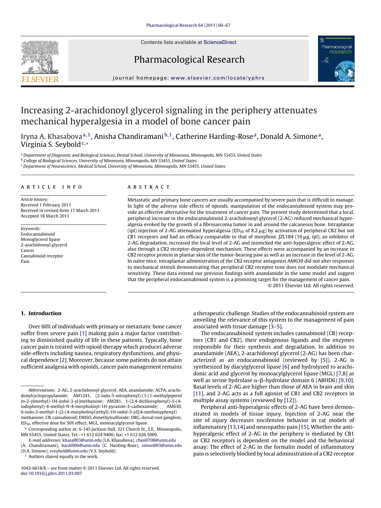 Increasing 2-arachidonoyl glycerol signaling in the periphery attenuates mechanical hyperalgesia in a model of bone cancer pain by Iryna A. Khasabova