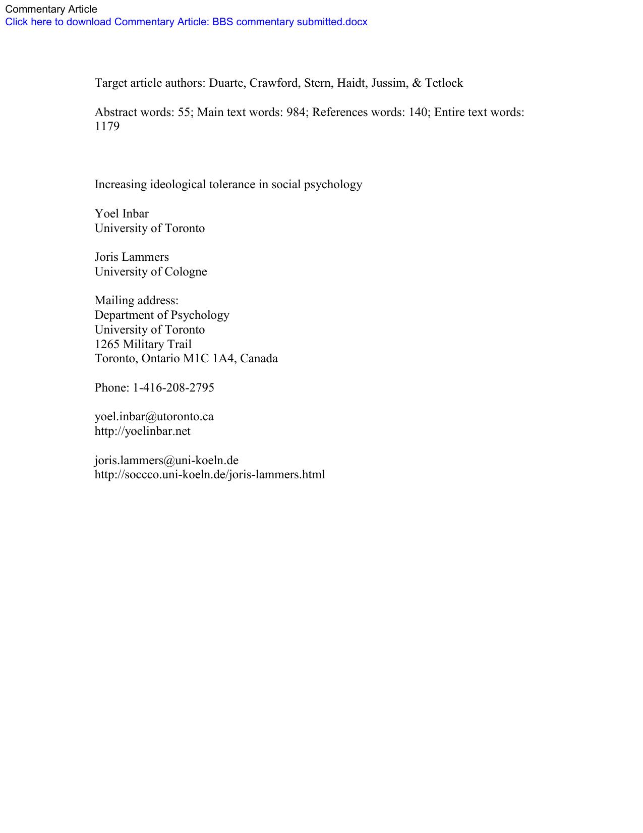 Increasing Ideological Tolerance in Social Psychology (2015) by Yoel Inbar & Joris Lammers by 9