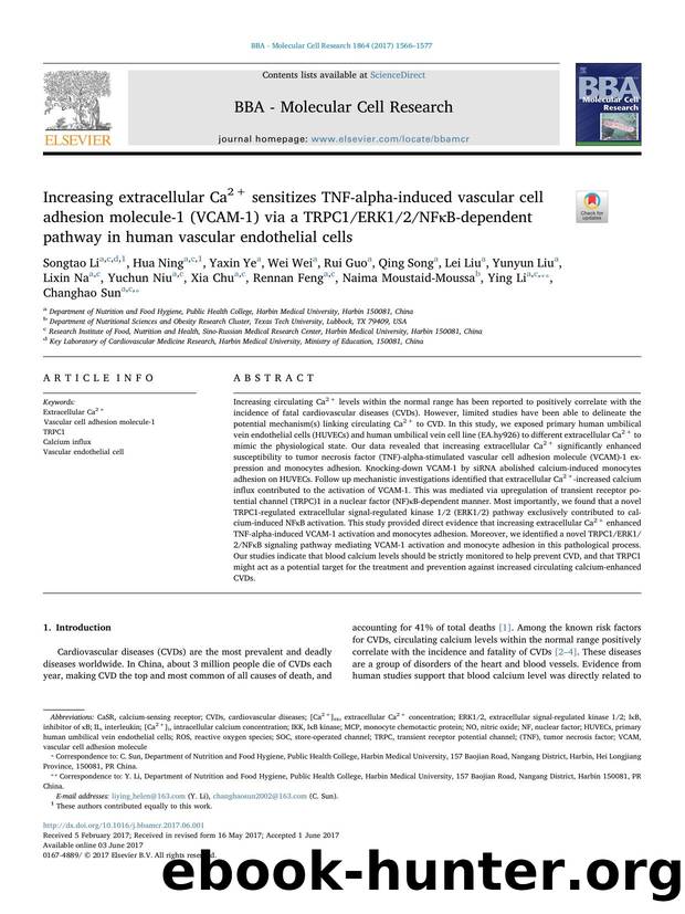 Increasing extracellular Ca2+ sensitizes TNF-alpha-induced vascular cell adhesion molecule-1 (VCAM-1) via a TRPC1ERK12NFÎºB-dependent pathway in human vascular endothelial cells by unknow