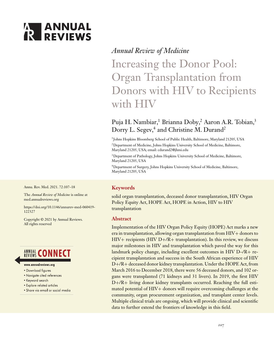 Increasing the Donor Pool: Organ Transplantation from Donors with HIV to Recipients with HIV by Puja H. Nambiar Brianna Doby Aaron A.R. Tobian Dorry L. Segev Christine M. Durand