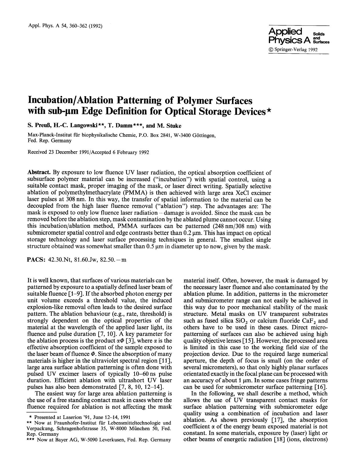 Incubationablation patterning of polymer surfaces with sub-μm edge definition for optical storage devices by Unknown