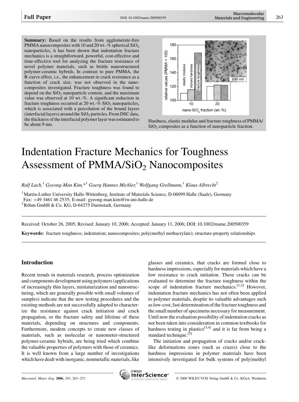 Indentation Fracture Mechanics for Toughness Assessment of PMMASiO2 Nanocomposites by Unknown