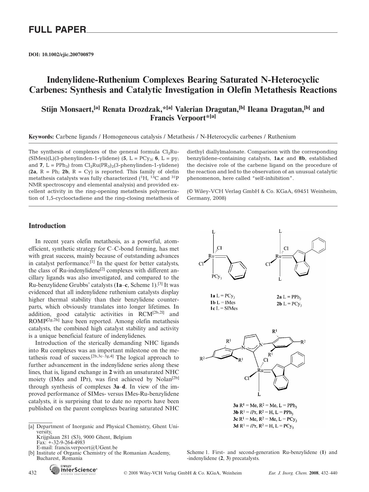 Indenylidene-Ruthenium Complexes Bearing Saturated N-Heterocyclic Carbenes: Synthesis and Catalytic Investigation in Olefin Metathesis Reactions by Unknown