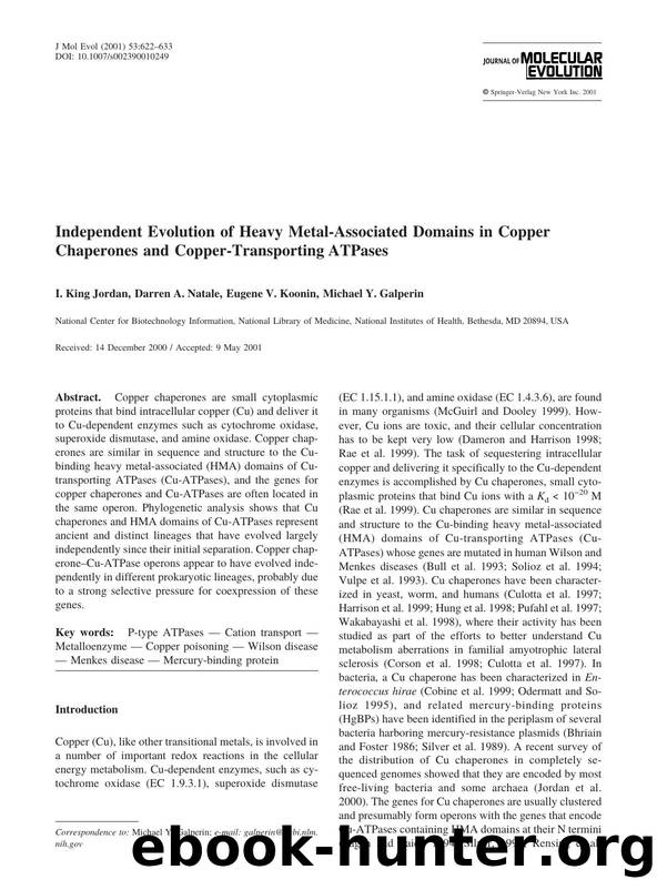 Independent Evolution of Heavy Metal-Associated Domains in Copper Chaperones and Copper-Transporting ATPases by Jordan I. et al