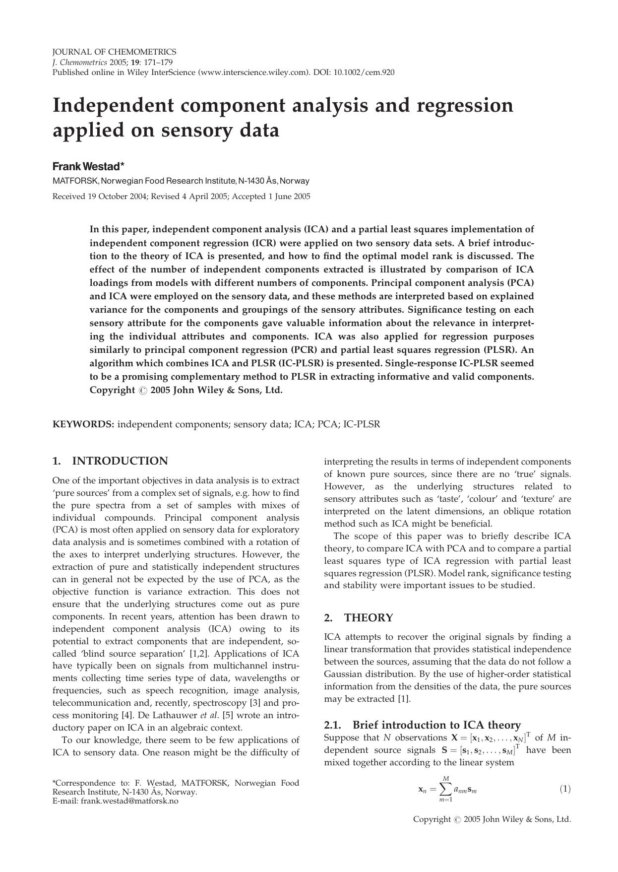 Independent component analysis and regression applied on sensory data by Unknown