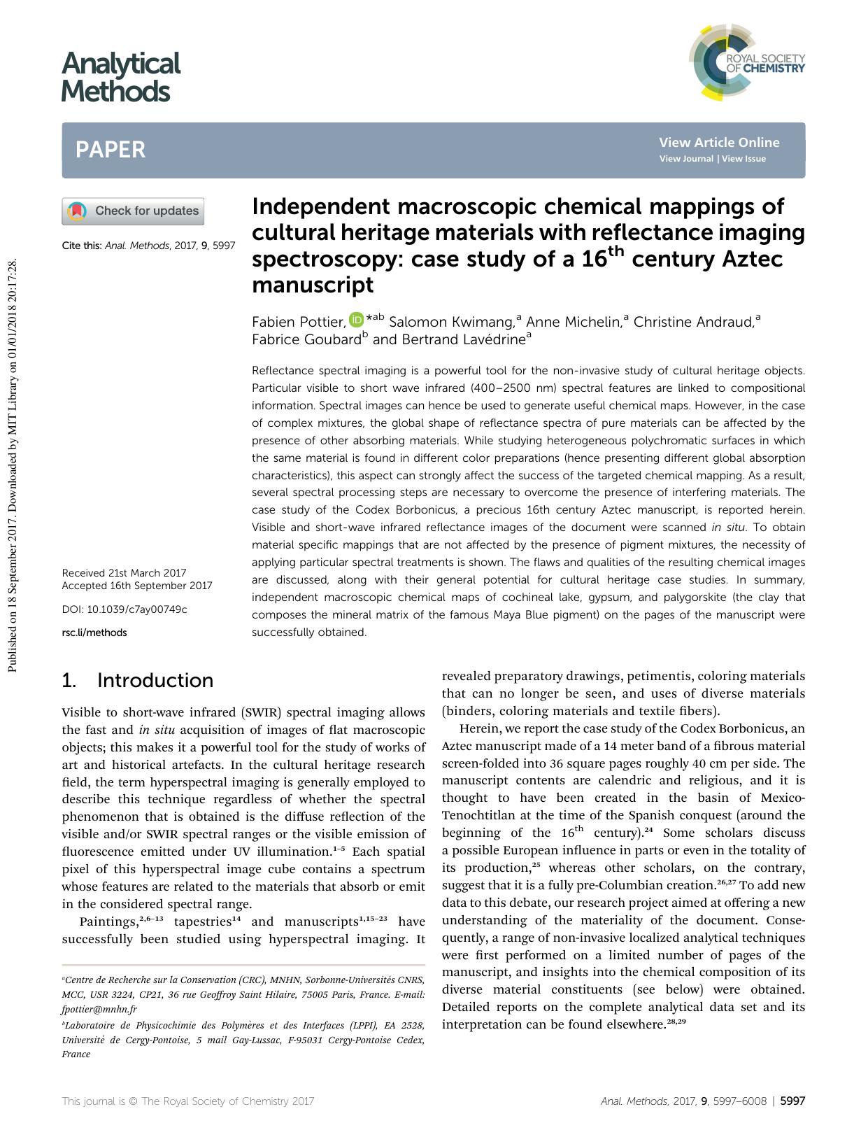 Independent macroscopic chemical mappings of cultural heritage materials with reflectance imaging spectroscopy: case study of a 16th century Aztec manuscript by unknow