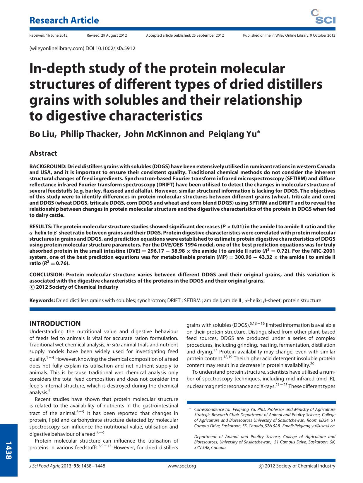 Indepth study of the protein molecular structures of different types of dried distillers grains with solubles and their relationship to digestive characteristics by Unknown