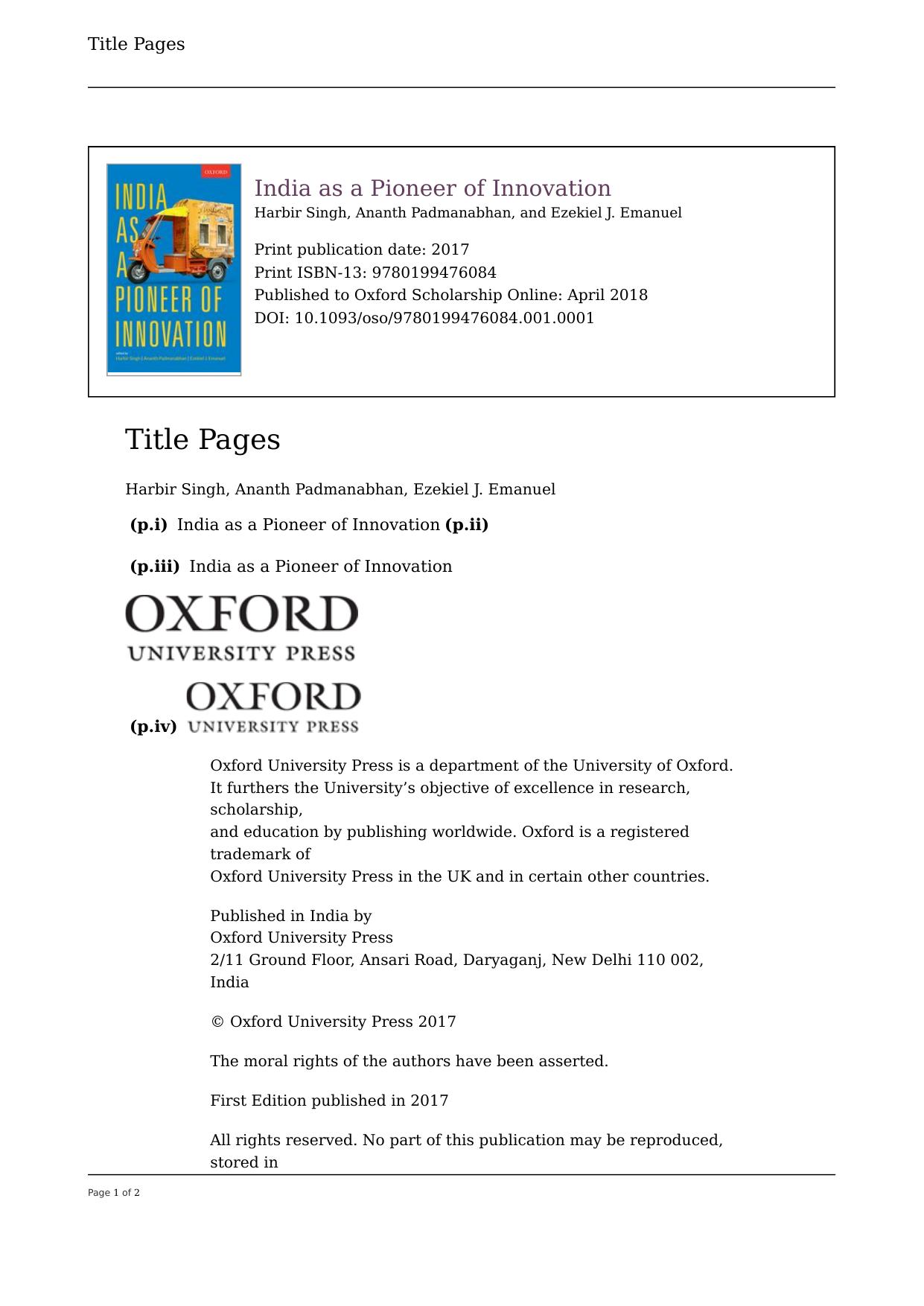 India As a Pioneer of Innovation by Harbir Singh; Ezekiel Emanuel; Ananth Padmanabhan