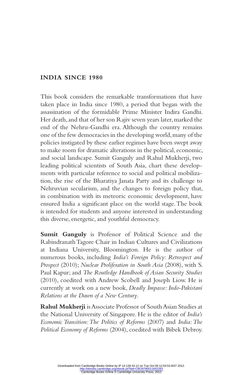 India Since 1980 by Sumit Ganguly & Rahul Mukherji