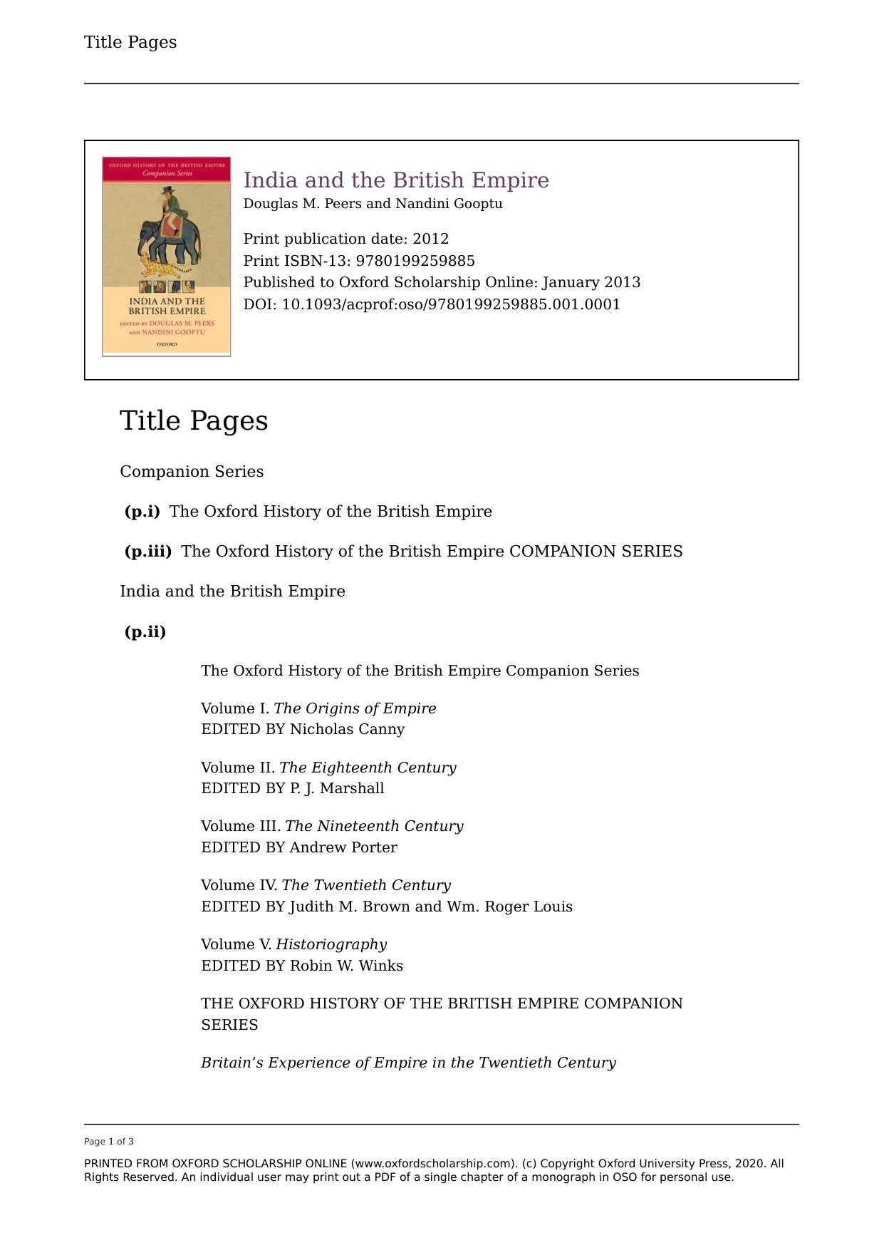 India and the British Empire by Douglas M. Peers; Nandini Gooptu