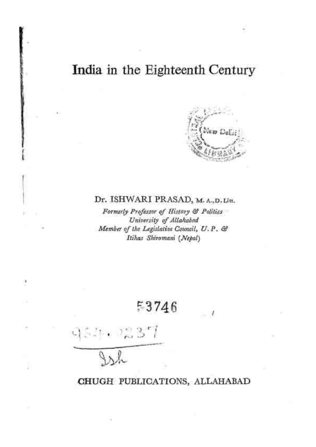 India in the Eighteenth Century by Dr Ishwari Prasad