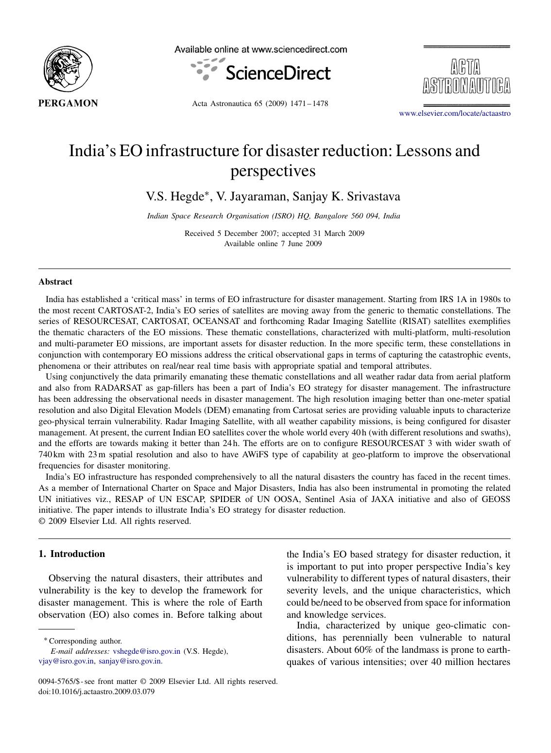 India's EO infrastructure for disaster reduction Lessons and perspectives by V.S. Hegde; V. Jayaraman; Sanjay K. Srivastava
