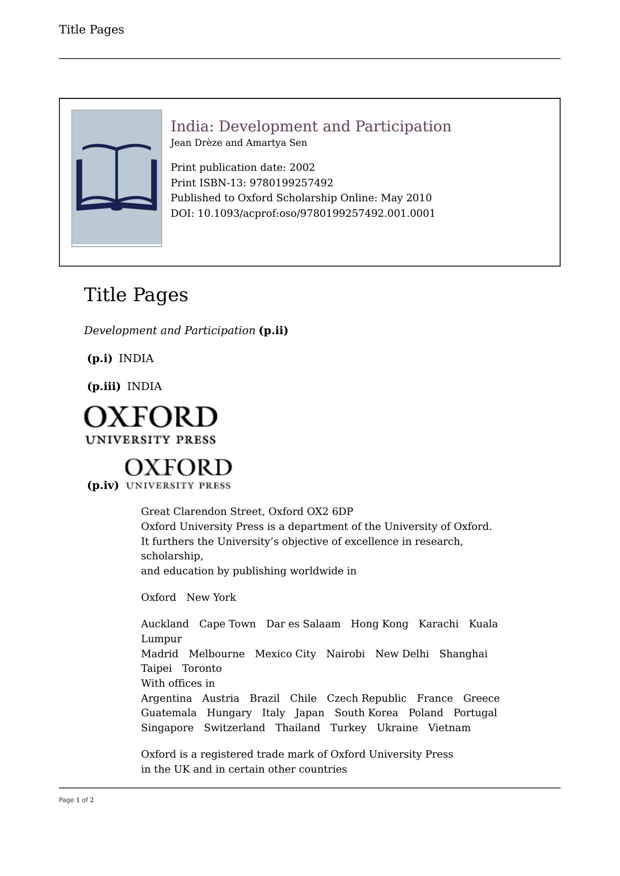 India: Development and Participation by Jean Drèze; Amartya Sen