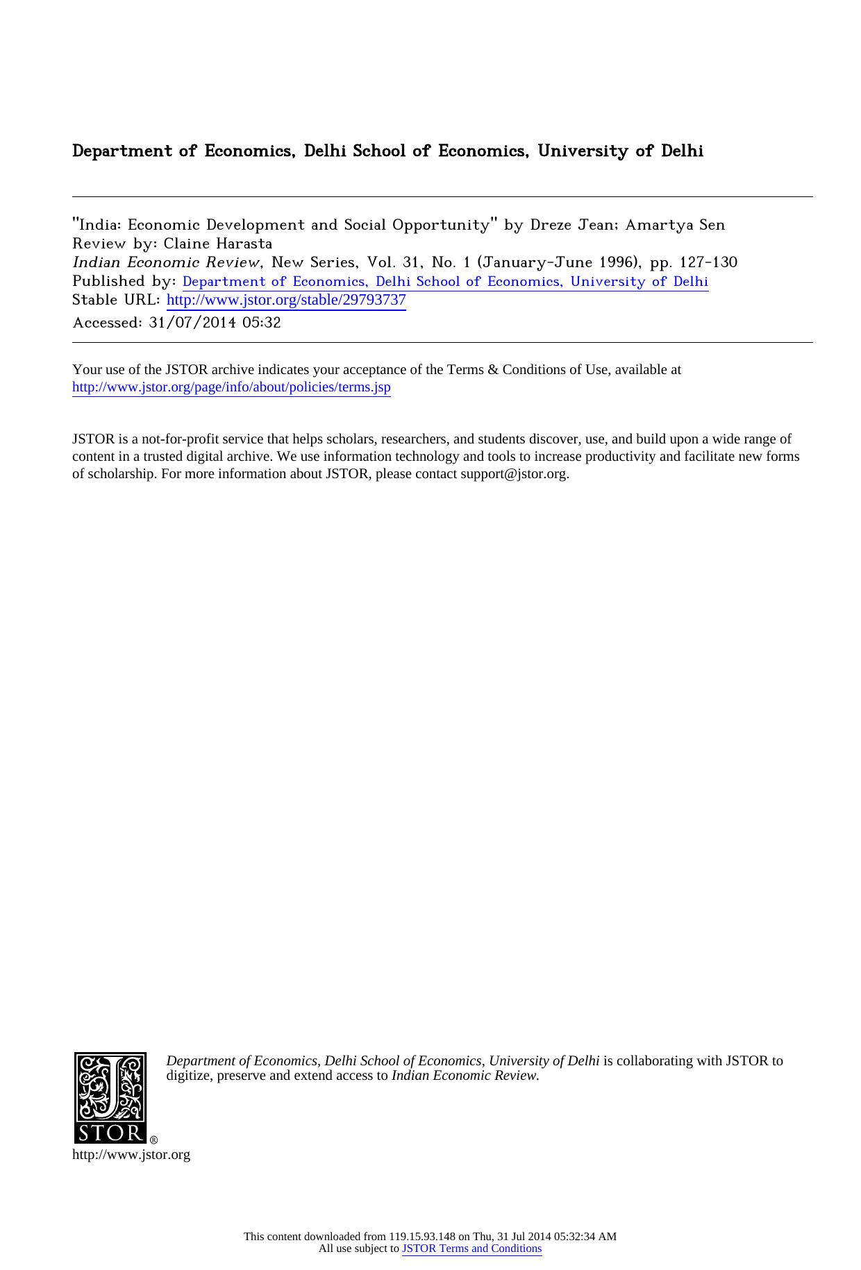 India: Economic Development and Social Opportunity" by Dreze Jean; Amartya Sen by India Economic Development & Social Opportunity by Dreze Jean; Amartya Sen