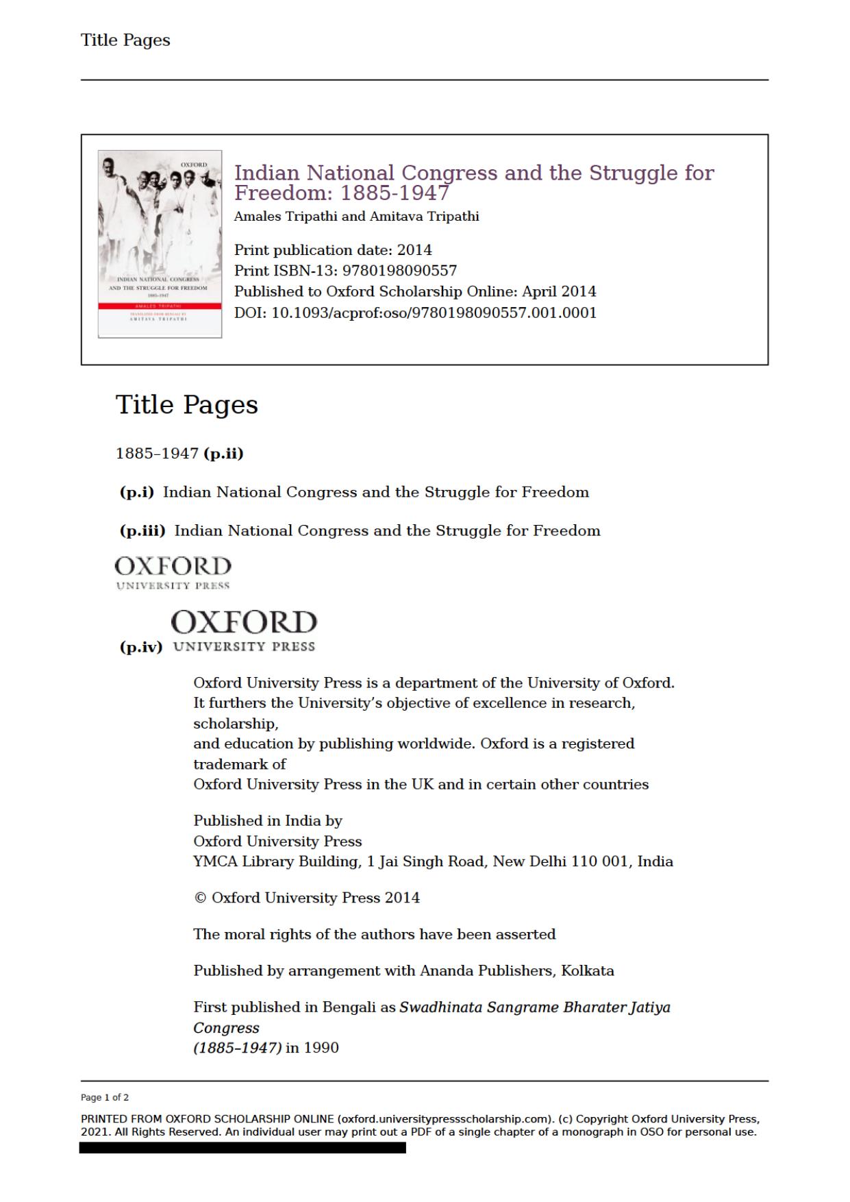 Indian National Congress and the Struggle for Freedom: 1885-1947 by Amales Tripathi Amitava Tripathi