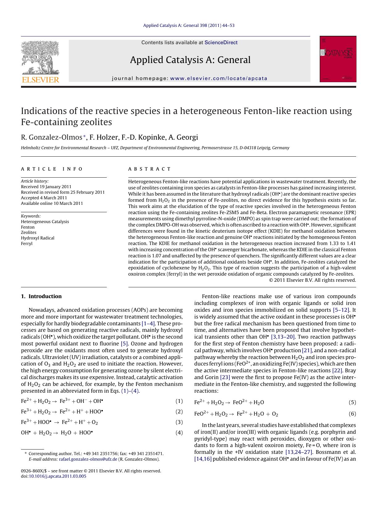Indications of the reactive species in a heterogeneous Fenton-like reaction using Fe-containing zeolites by R. Gonzalez-Olmos