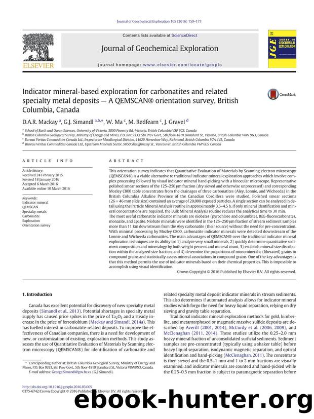 Indicator mineral-based exploration for carbonatites and related specialty metal deposits â A QEMSCANÂ® orientation survey, British Columbia, Canada by D.A.R. Mackay & G.J. Simandl & W. Ma & M. Redfearn & J. Gravel