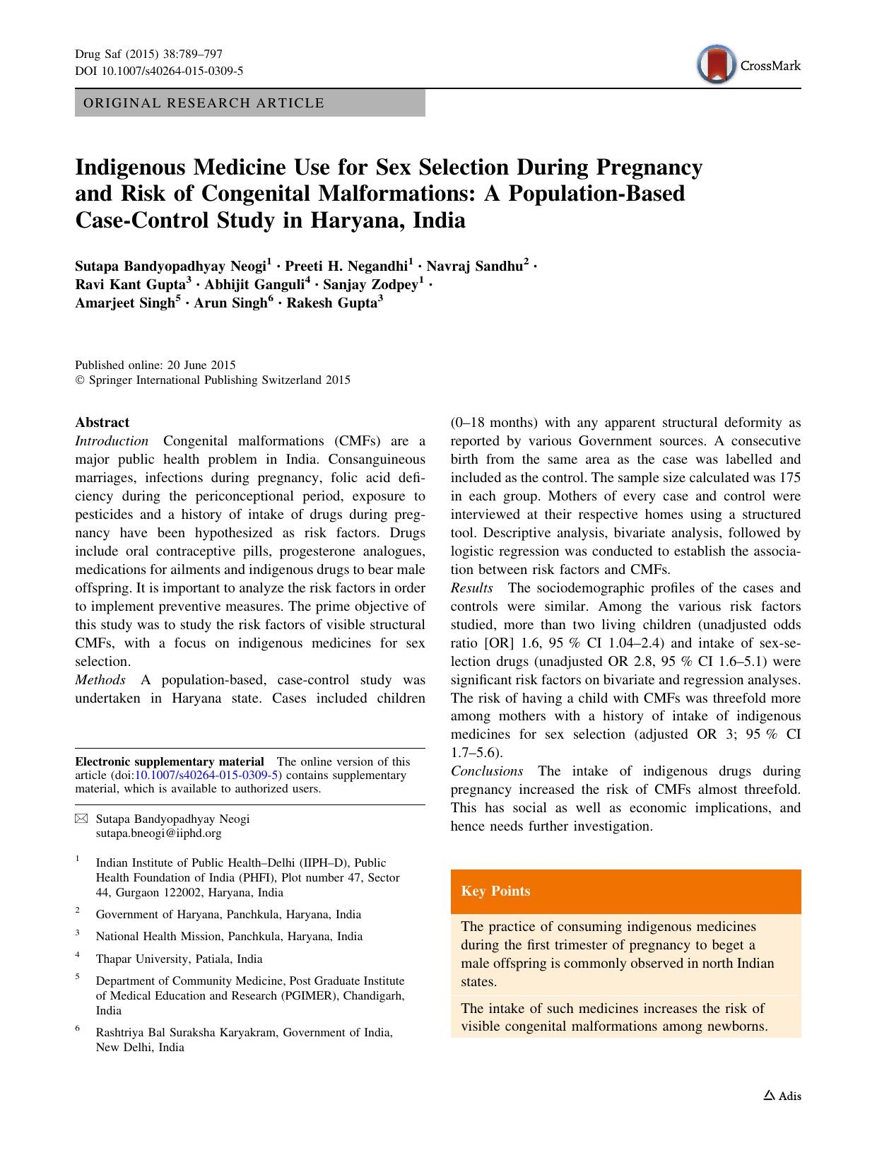 Indigenous Medicine Use for Sex Selection During Pregnancy and Risk of Congenital Malformations: A Population-Based Case-Control Study in Haryana, India by unknow