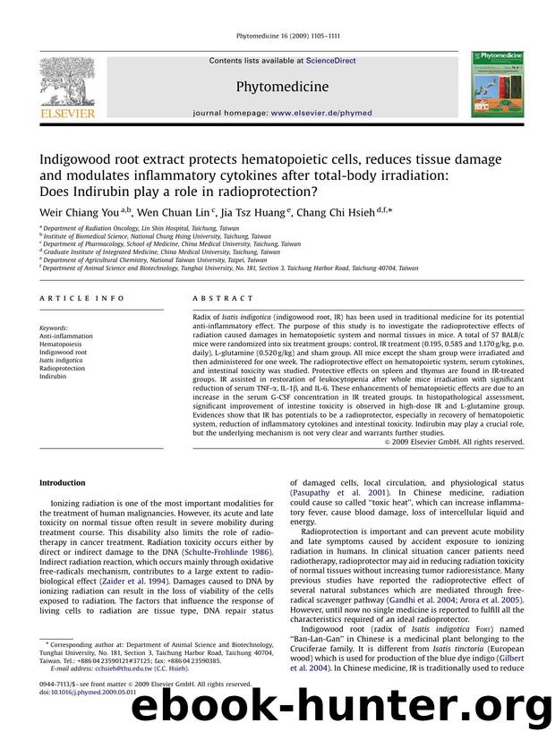 Indigowood root extract protects hematopoietic cells, reduces tissue damage and modulates inflammatory cytokines after total-body irradiation Does Indirubin play a role in radioprotection? by Weir Chiang You; Wen Chuan Lin; Jia Tsz Huang; Chang Chi Hsieh