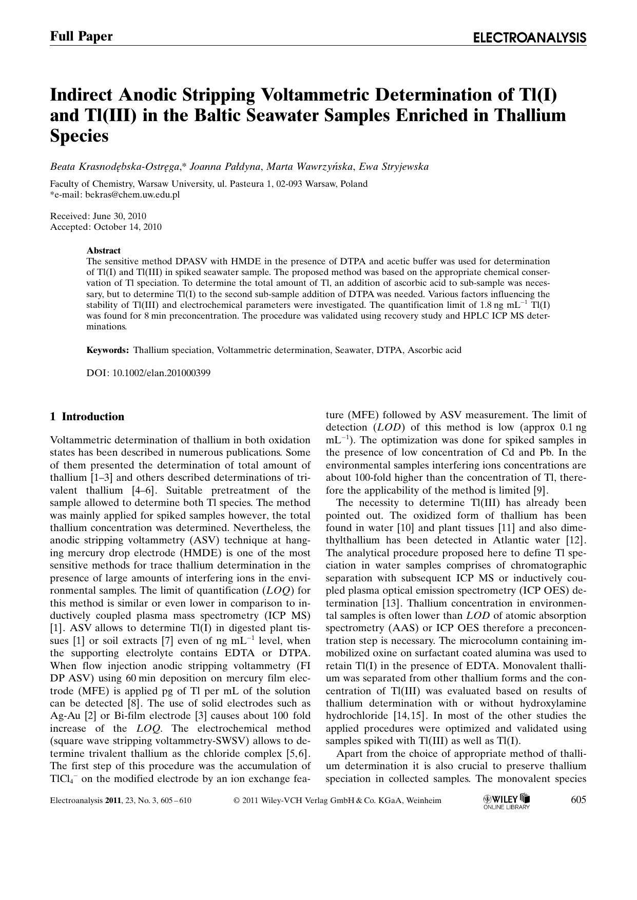 Indirect Anodic Stripping Voltammetric Determination of Tl(I) and Tl(III) in the Baltic Seawater Samples Enriched in Thallium Species by Unknown