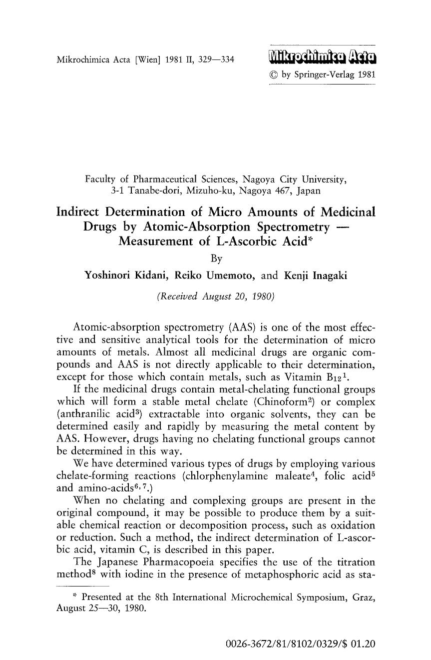 Indirect determination of micro amounts of medicinal drugs by atomic-absorption spectrometry-measurement of L-ascorbic acid by Unknown