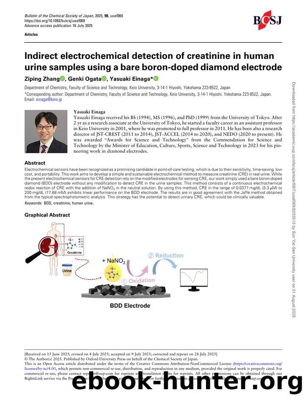 Indirect electrochemical detection of creatinine in human urine samples using a bare boron-doped diamond electrode by Ziping Zhang & Genki Ogata & Yasuaki Einaga