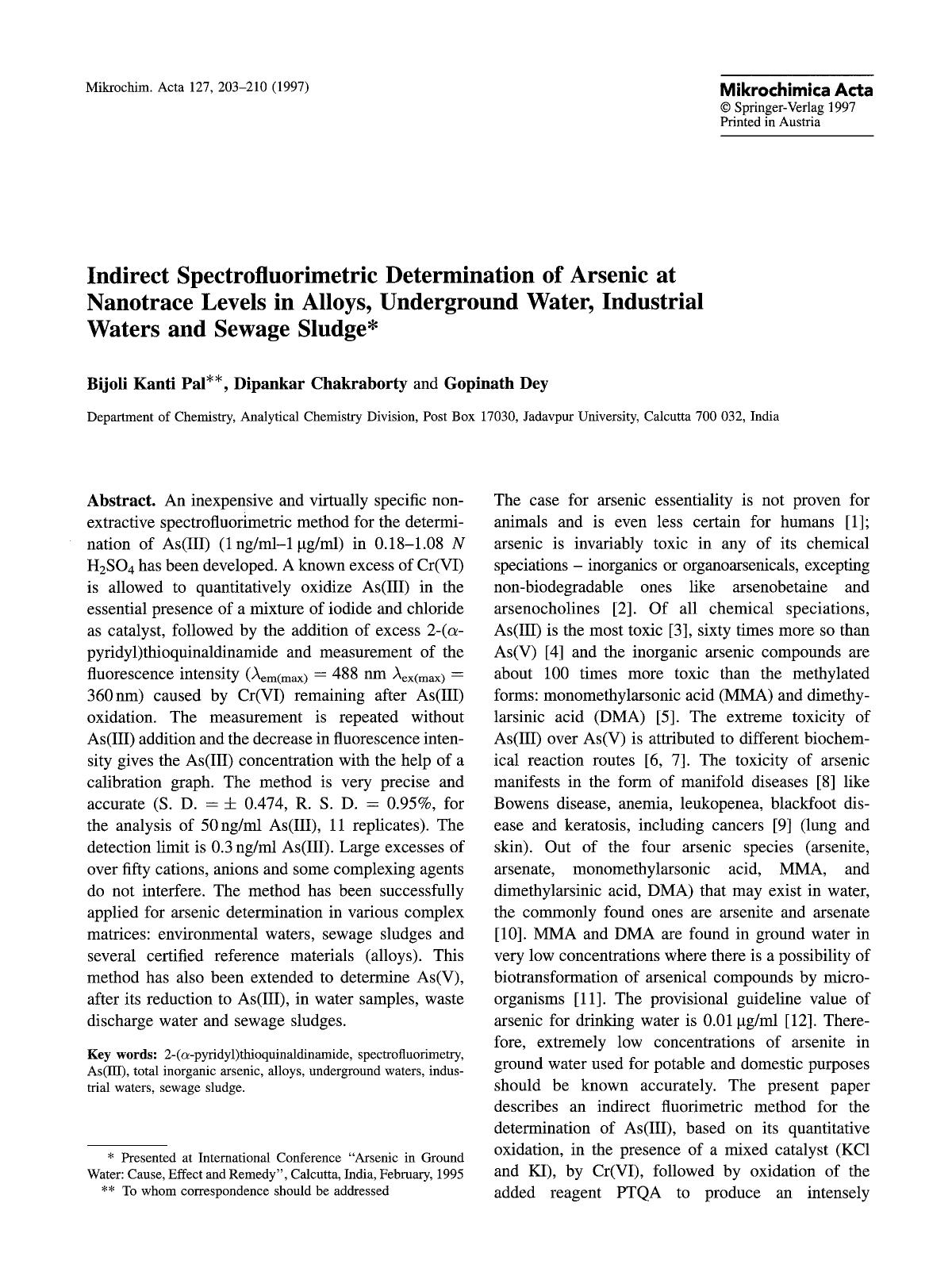 Indirect spectrofluorimetric determination of arsenic at nanotrace levels in alloys, underground water, industrial waters and sewage sludge by Unknown