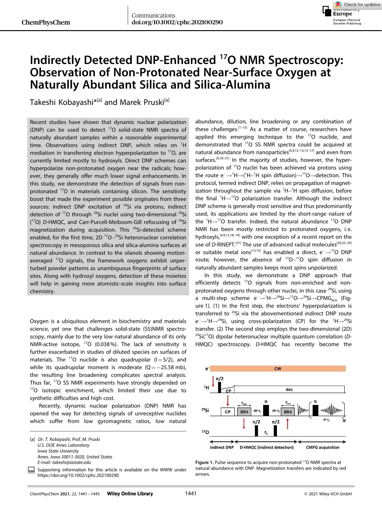 Indirectly Detected DNPâEnhanced 17O NMR Spectroscopy: Observation of NonâProtonated NearâSurface Oxygen at Naturally Abundant Silica and SilicaâAlumina by Unknown