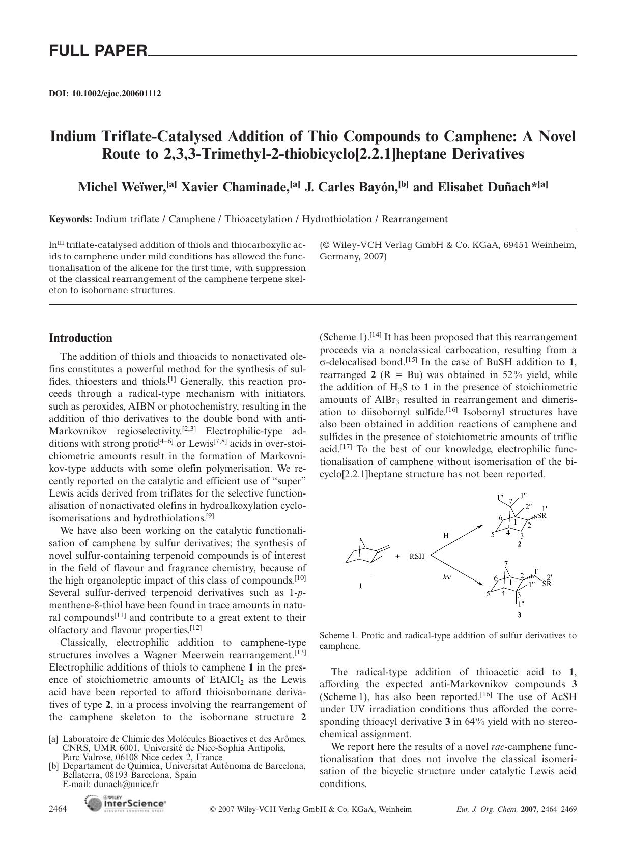 Indium Triflate-Catalysed Addition of Thio Compounds to Camphene: A Novel Route to 2,3,3-Trimethyl-2-thiobicyclo[2.2.1]heptane Derivatives by Unknown