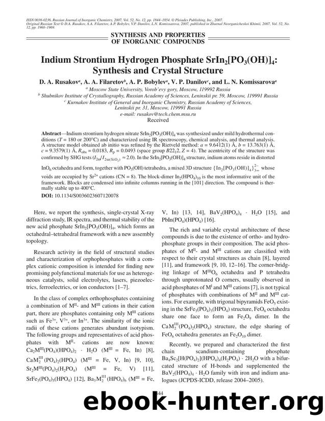 Indium strontium hydrogen phosphate SrIn<Subscript>2<Subscript>[PO<Subscript>3<Subscript>(OH)]<Subscript>4<Subscript>: Synthesis and crystal structure by Unknown