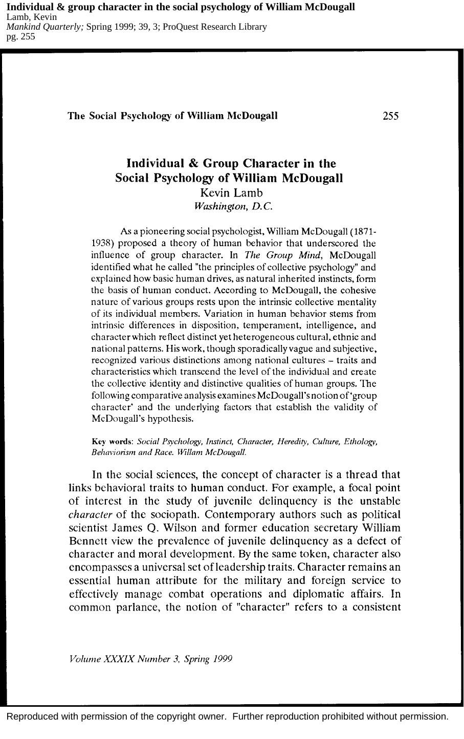 Individual & Group Character in the Social Psychology of William McDougall (1999) by Kevin Lamb by Unknown
