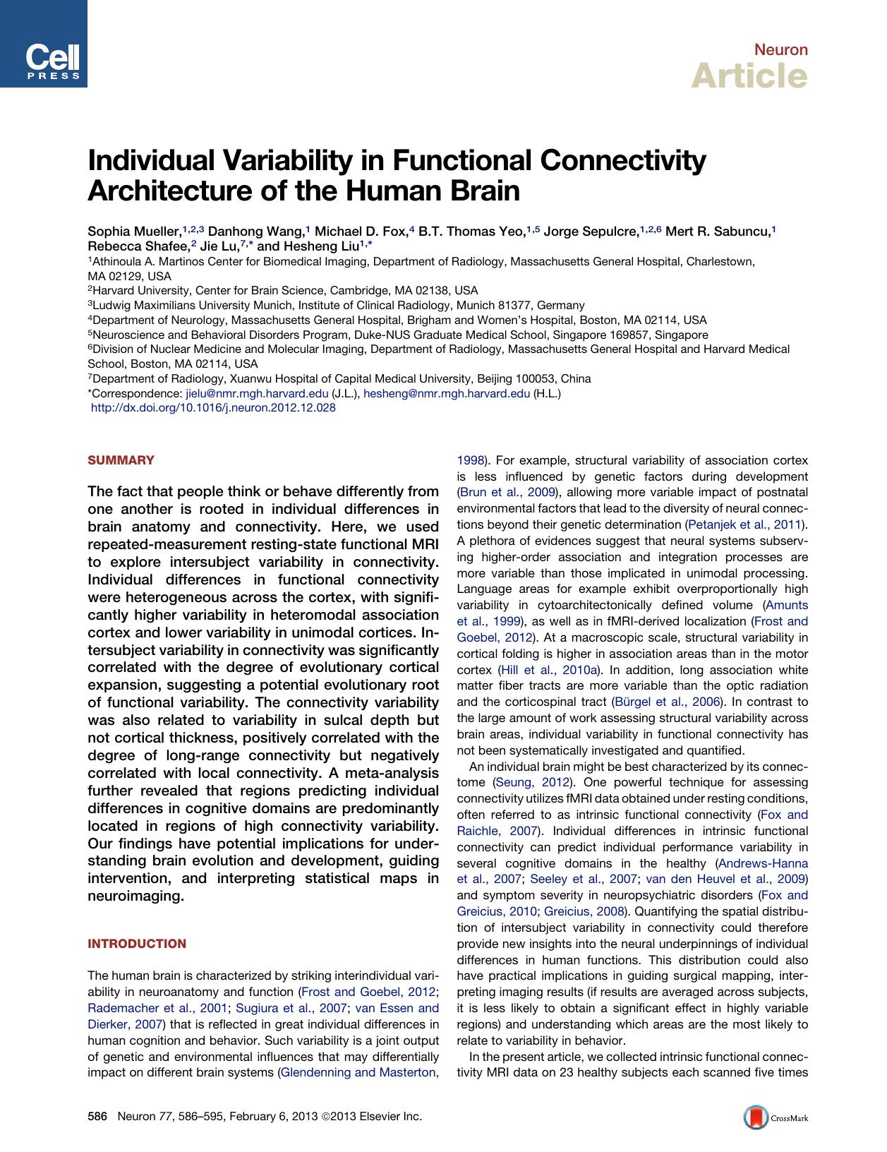 Individual Variability in Functional Connectivity Architecture of the Human Brain by unknow
