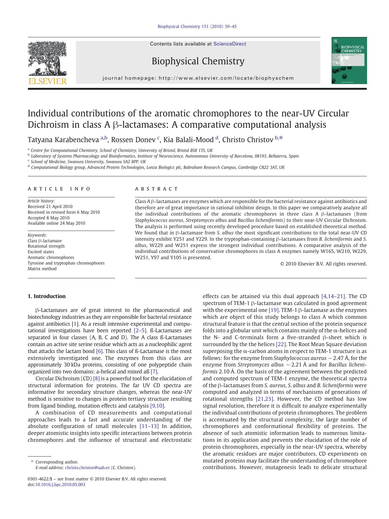 Individual contributions of the aromatic chromophores to the near-UV Circular Dichroism in class A Î²-lactamases: A comparative computational analysis by Tatyana Karabencheva & Rossen Donev & Kia Balali-Mood & Christo Christov