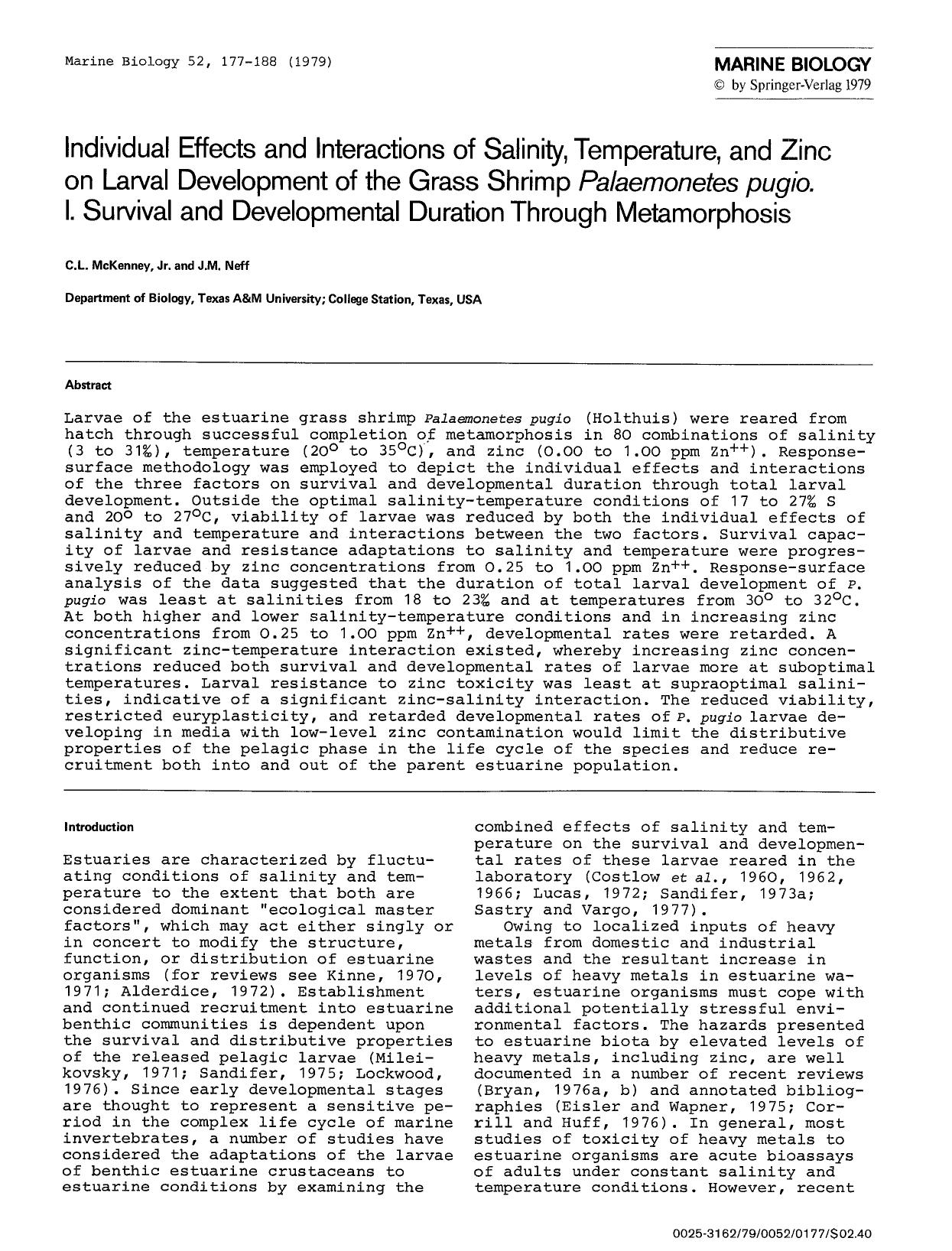 Individual effects and interactions of salinity, temperature, and zinc on larval development of the grass shrimp <Emphasis Type="Italic">Palaemonetes pugio<Emphasis>. I. Survival a by Unknown