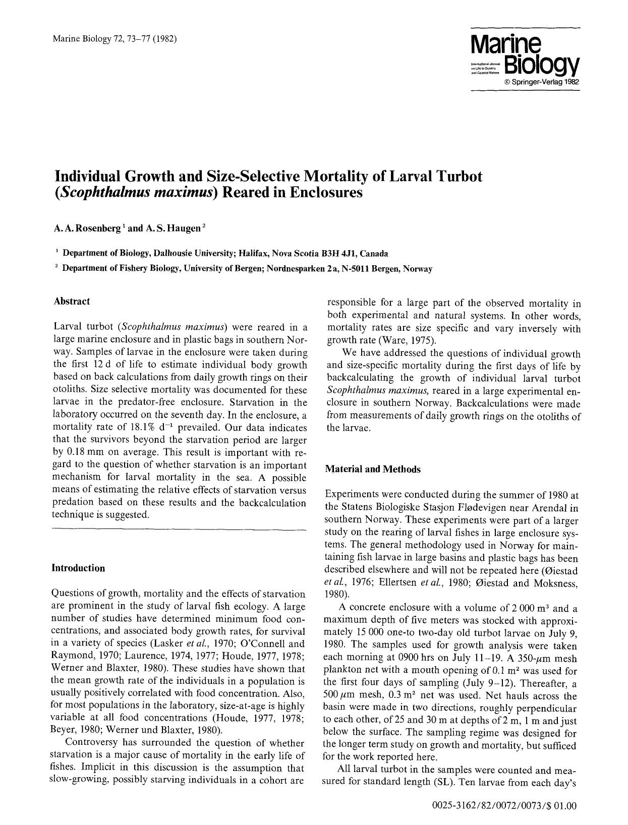 Individual growth and size-selective mortality of larval turbot (<Emphasis Type="Italic">Scophthalmus maximus<Emphasis>) reared in enclosures by Unknown