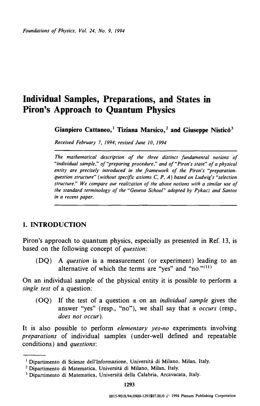 Individual samples, preparations, and states in Piron's approach to quantum physics by Unknown