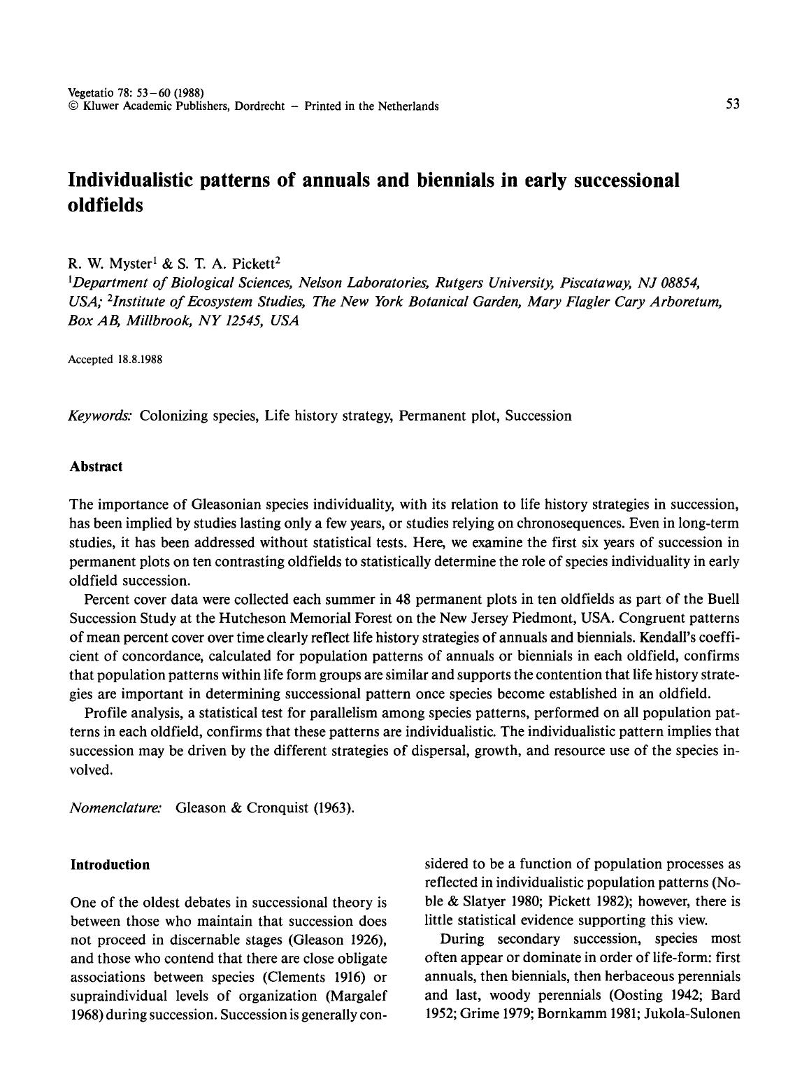 Individualistic patterns of annuals and biennials in early successional oldfields by Unknown